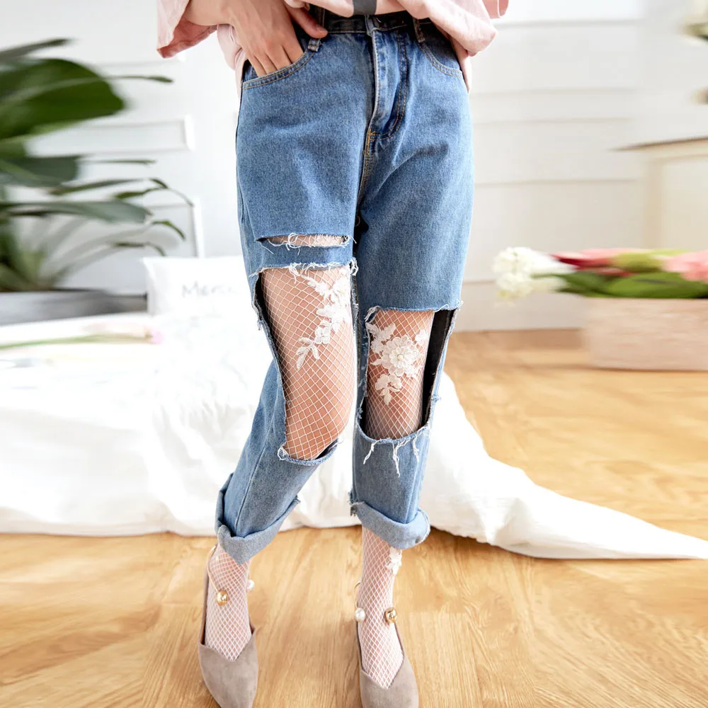 Колготки женские сетчатые черные прозрачные облегающие в сеточку с цветочным