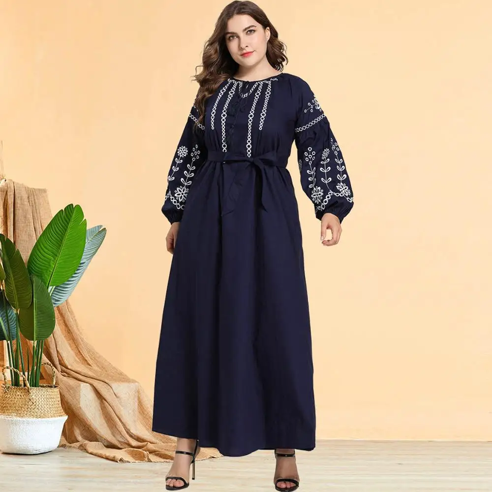 

European fashion plus size long skirt women's blue embroidered belt lantern sleeve long sleeve dress Muslim casual long skirt