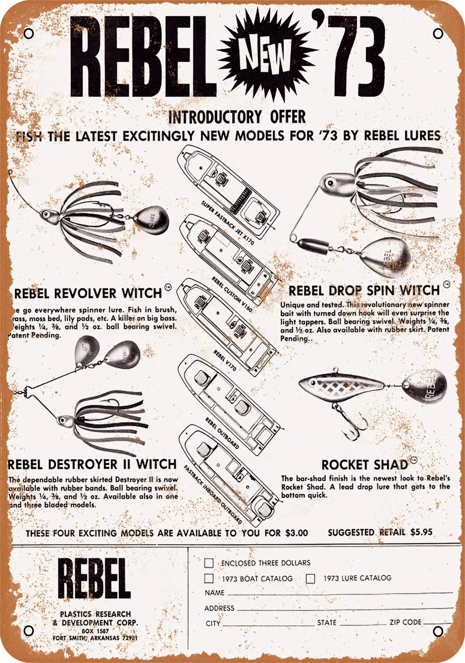 

SLALL 1973 Rebel Fishing Lures 2 Retro Street Sign Household Metal Tin Sign Bar Cafe Car Motorcycle Garage Decoration