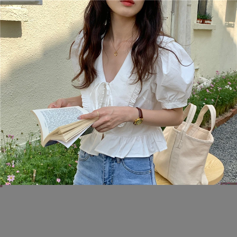 

COIGARSAM Casual Loose Shirt Womens tops Summer Puff Sleeve Turn-down Collar Belt Women shirts 6697