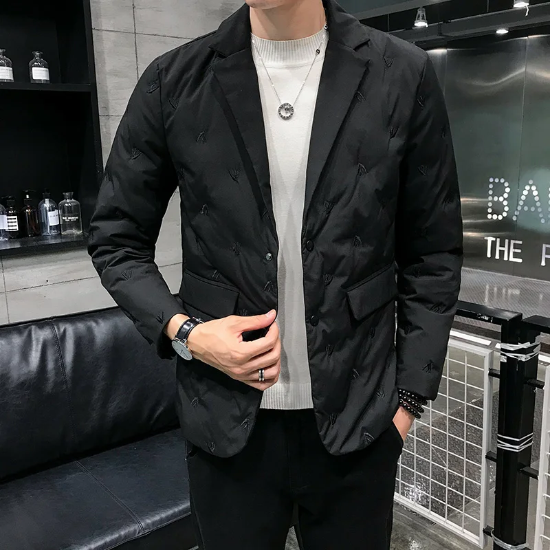 

Мужской зимний черный модный пуховик с воротником