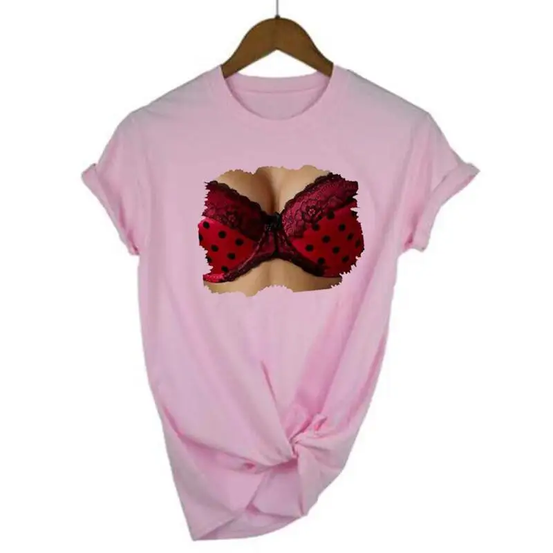 

Summer Short Sleeve Funny Tee Shirt Femme Cotton Casual Tshirt Fashion Sexy Big Chest Bra T Shirt Women Tops Camiseta Mujer