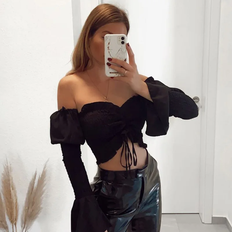 

Cryptographic Off Shoulder Ruched Drawstring Women Top Blouses Shirts Flare Sleeve Summer Crop Tops Fashion Blusas Mujer Clothes