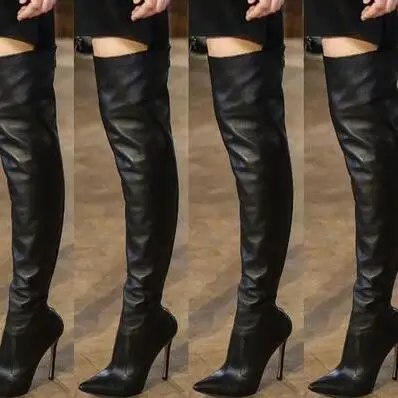 

Luxury Brown Leather Runway Boots Pointed Toe High Heels Over The Knee Tight High Boots 2019 Winter Dress Shoes Plus Size 11