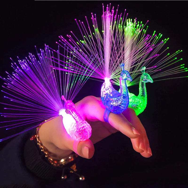 3pcs LED Glow Peacock Finger Lights Laser Beams Rings Fiber Flash Night Lamps Kids Toy for Christmas Party Music Festival Lamp