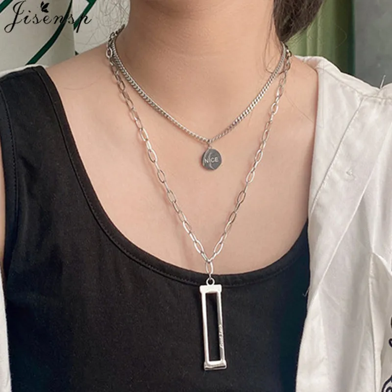 

Jisensp панк готический Прямоугольный кулон с длинной цепочкой ожерелье для женщин девушек ювелирные изделия из нержавеющей стали многослойн...