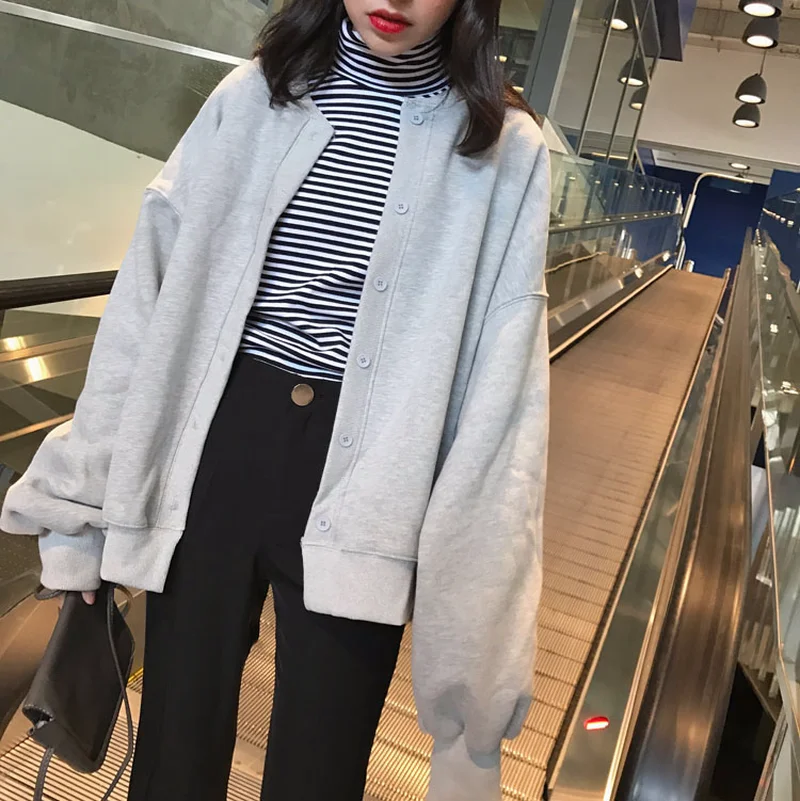 

Autumn Winter New Korean Harajuku Zip-up Sweatshirts Women Lantern Sleeve Solid Button Plus Size Coat Femme Casual Loose Hoodies