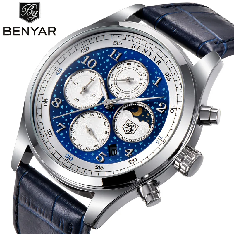 BENYAR Топ люксовый бренд Moon Phase часы мужские водонепроницаемые Хронограф военные спортивные кварцевые часы мужские часы Relogio Masculino