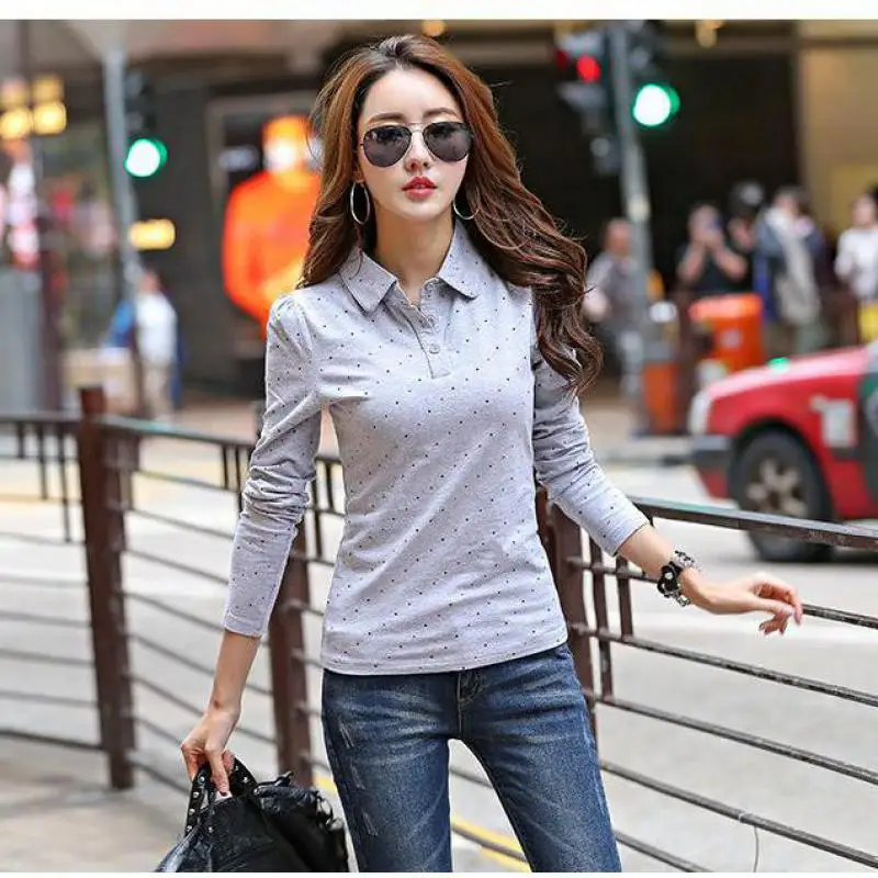 Женская хлопковая рубашка поло с длинным рукавом принтом|women polo shirt|women poloshirt women |