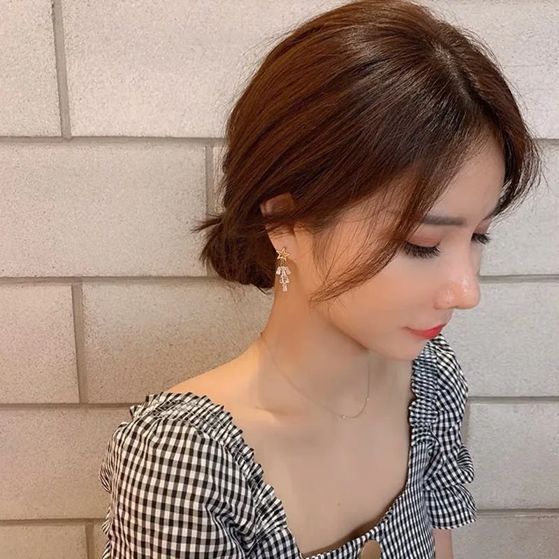 

SJDI-313 Trendy Crystal Women Dangle Earrings New Simple And Hollow Five Pointed Star Zircon Earrings Drop Earrings Jewelry