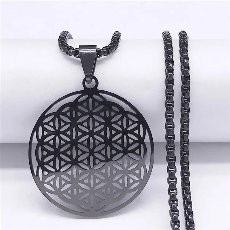 

Flower of Life Stainless Steel Long Chain Necklaces Women Black Color Pendant Necklace Jewelry chaine acier inoxydable N429S03