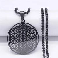 flower of life stainless steel long chain necklaces women black color pendant necklace jewelry chaine acier inoxydable n429s03