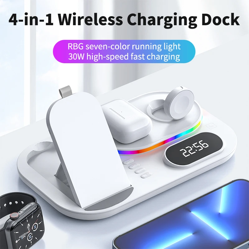 30w fast wireless charger for airpods pro apple iwatch 4in1 time clock rgb light charging station for iphone x 13 12 11 pro max free global shipping