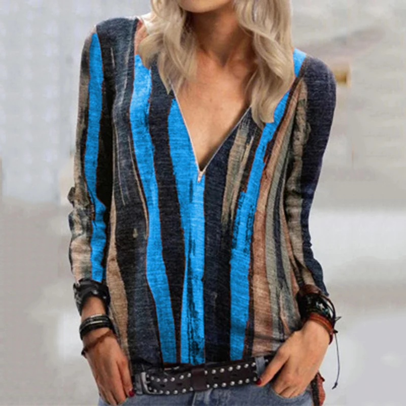 

Autumn Women New Blouse Vertical Stripes Casual Long Sleeved Zipper V Neck Pullover Streetwear High Quality Blouse