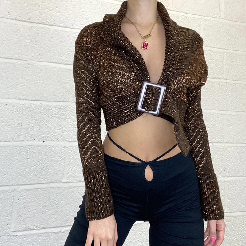 

2021 Brown Glitter Knitted Vintage Cropped Buckle Jackets For Women 2021 High Street Elegant V Neck Long Sleeve Sweater Coat