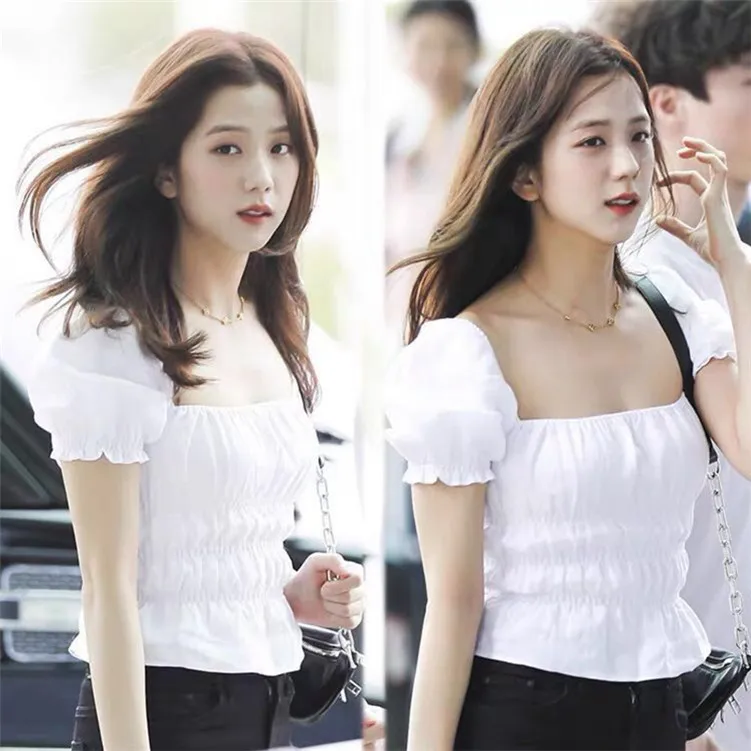 

Kpop со Yea Ji Корейская белая облегающая Элегантная короткая рубашка с пышными рукавами женская летняя Милая эластичная блузка с квадратным вы...