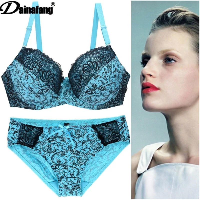Foreign trade large size bra set Printed lace bow underwear briefs and panty women pink | Женская одежда