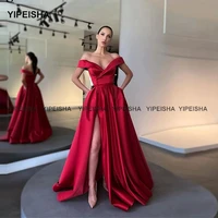 yipeisha off shoulder red side slit long evening party dress button floor length formal prom gown satin banquet dress
