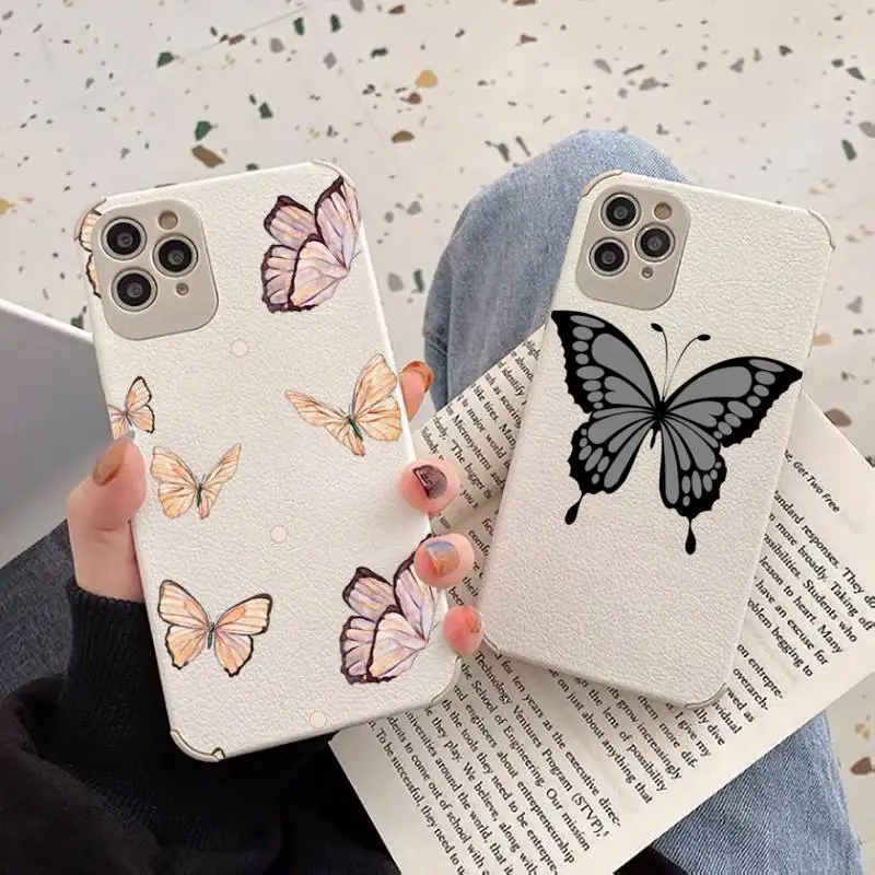 

cute sexy butterfly pink blue Phone Case Lambskin Leather For iphone 12 11 8 7 6 XR X XS PLUS MINI PLUS PRO MAX Shockproof