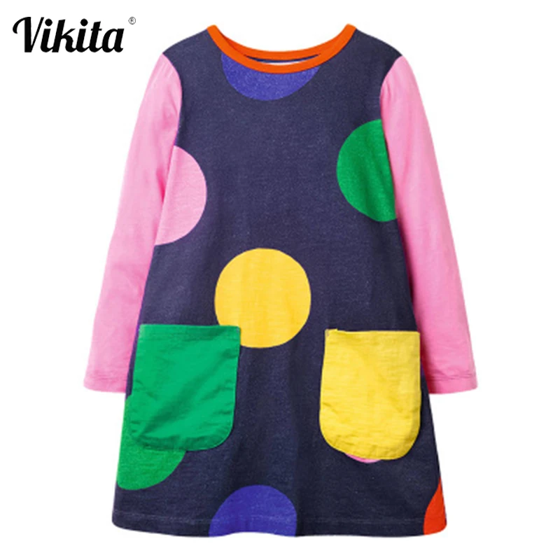 

VIKITA/хлопковое платье для девочек; Детское платье с длинными рукавами; Детские платья в горошек для девочек; Детское осеннее платье с кармана...