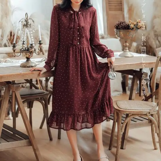 Японский в стиле Mori Girl бордового цвета шифоновое платье Демисезонный Для женщин