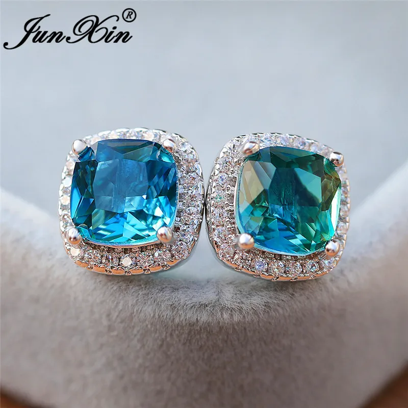 Geometric Square Stud Earrings White Gold Rose Colorful Rainbow Fire Crystal Blue Green Zircon Wedding For Women | Украшения и