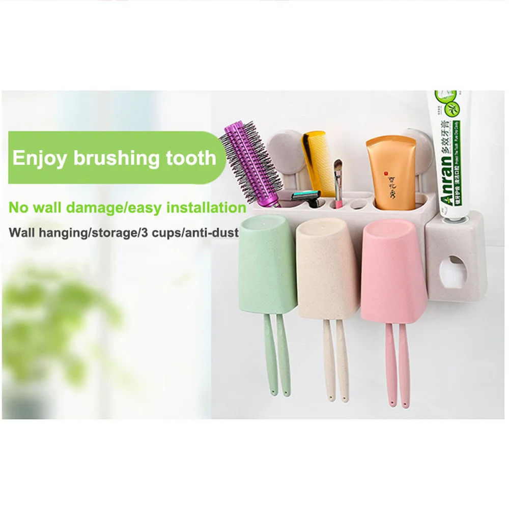 

Wall Mounted Toothbrush Toiletries Holder With Cups & Toothpaste Dispenser