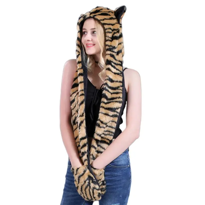3 In 1 Women Men Fluffy Plush Animal Wolf Leopard Hood Scarf Hat with Paws Mittens Gloves Thicken Winter Warm Earflap Bomber Cap images - 6