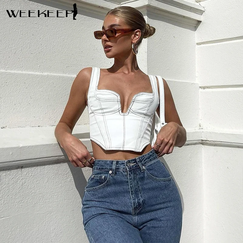 

Weekeep Street Fashion White Cropped Tanks Women Sleeveless Skinny Sexy V Neck Zip Up Backless Vest Casual Summer Tops Harajuku
