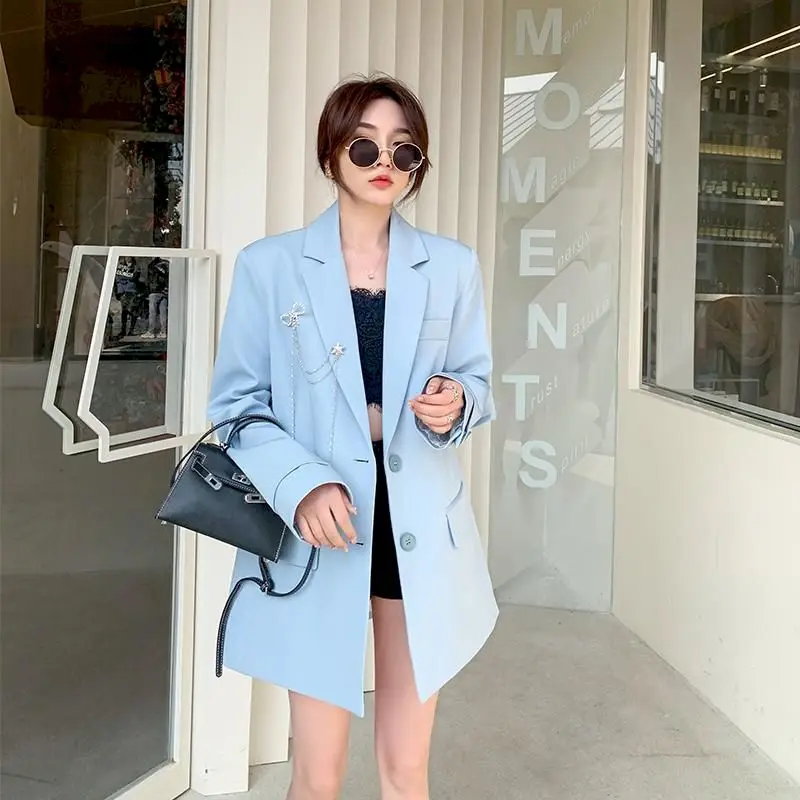 

Autumn Women's Blazers Jacket Office Ladies Elegant British Style Street Chain Casual Solid Single Breasted Female Blazers Goth