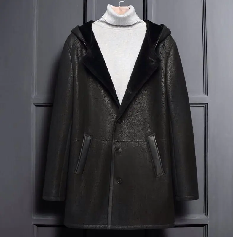 

Factory 2020 New Men Blacke Hooded Shearling Jacket Casual Long Style Genuine Sheepskin Wool Fur Cold Winter Russia Coats