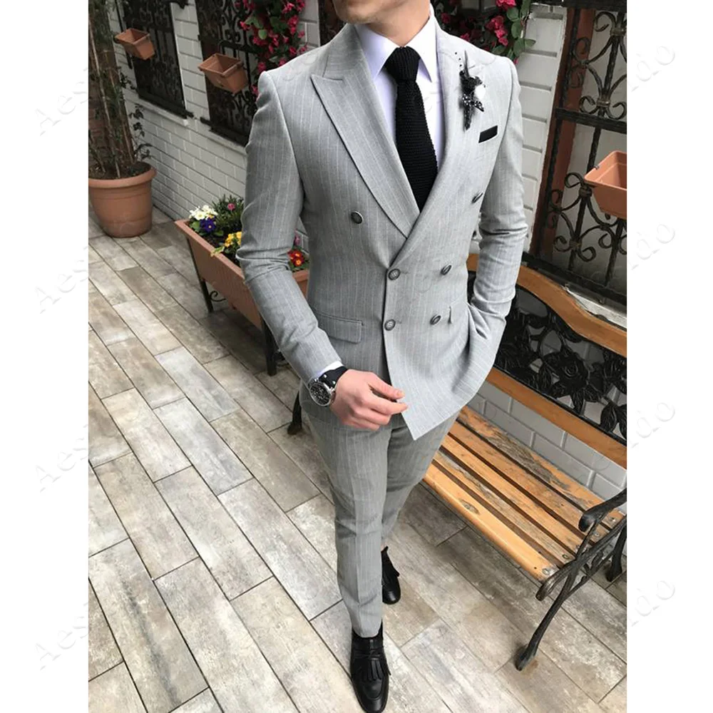 

Customize Men Suits Slim Fit Classic Striped Prom Tuxedos Wedding Grooms 2 Pieces Blazer Pants Set New Design
