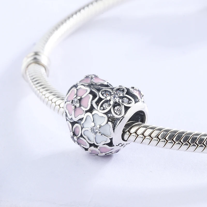 

925 Sterling Silver Pave White CZ Pink Enamel Cherry Blossoms Heart Charm Beads Fit European Bracelet Necklace DIY Jewelry