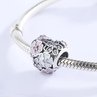 925 sterling silver pave white cz pink enamel cherry blossoms heart charm beads fit european bracelet necklace diy jewelry