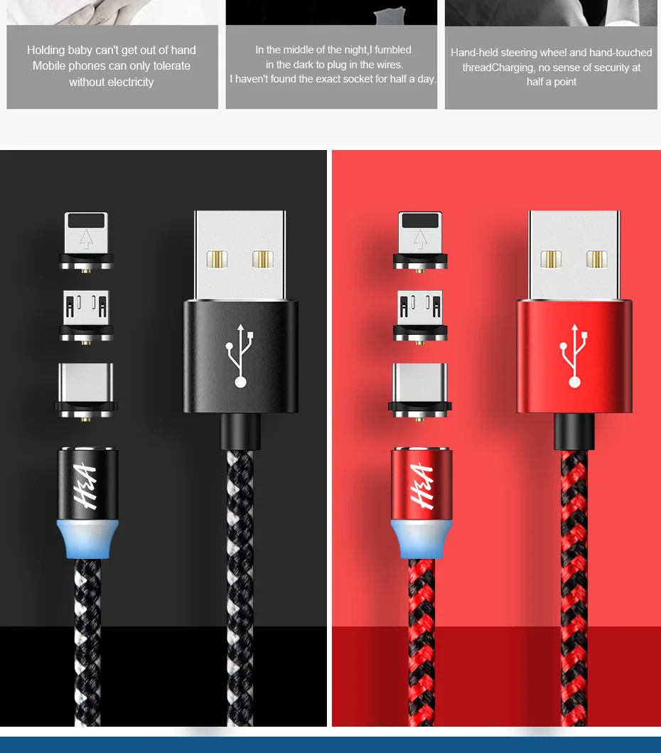 H& A Магнитный кабель для зарядки телефона Micro usb type C для iPhone кабель для освещения провод для быстрого заряда type-C samsung Магнитный кабель Redmi