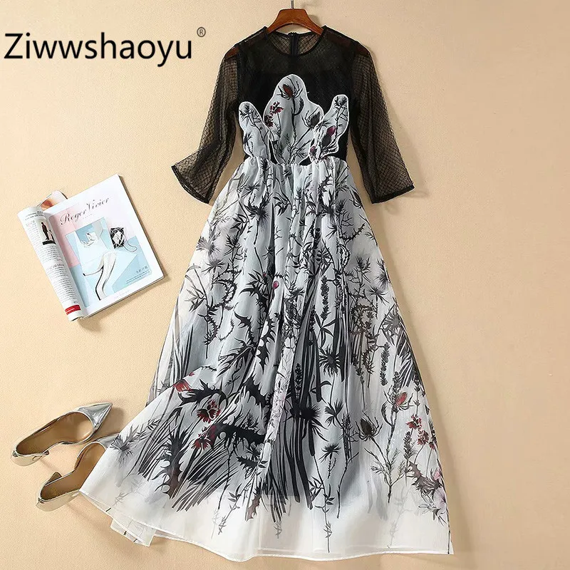 Ziwwshaoyu, сексуальные, прозрачные, черные, сетчатые, пэчворк, с принтом, половина рукава, весна-лето, брендовые, элегантные, длинные платья для женщин, новинка