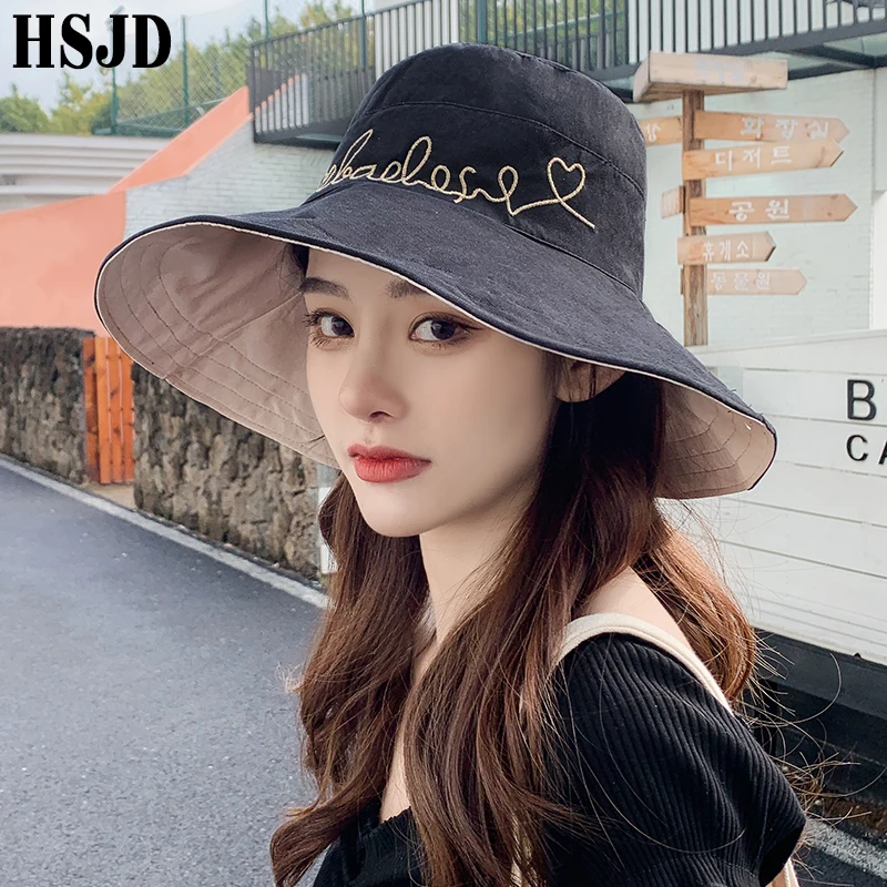 Корейская Летняя женская шапка двухсторонняя вышивка с большими полями