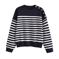 women fashion with buttons striped knit sweater vintage o neck long sleeve female pullovers chic tops