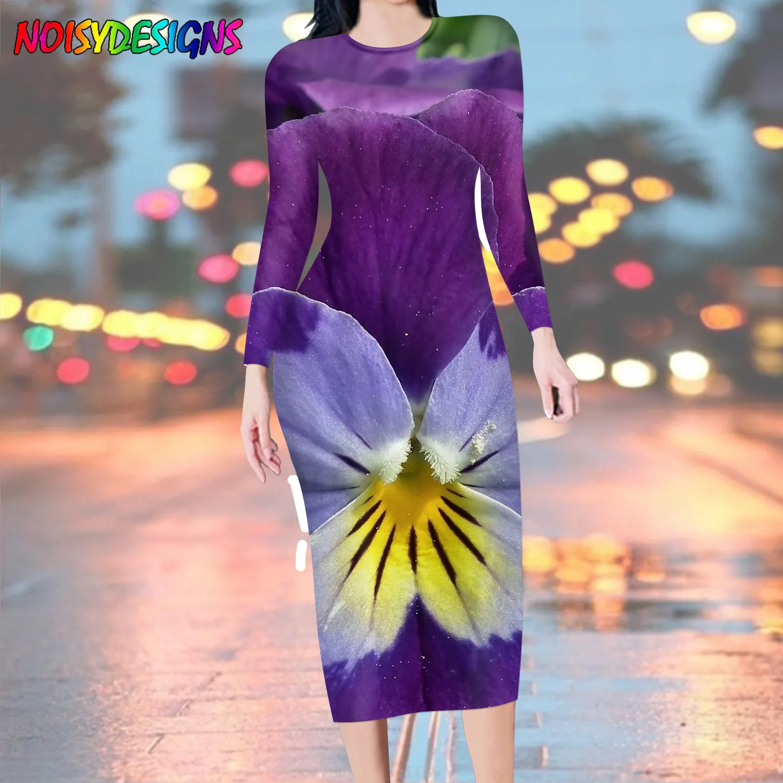NOISYDESIGNS Purple Pansy Flowers Women Dress Female Hot Sale Fashion Long Sleeve Woman's Dress Bodycon Autumn Pencil Clothing