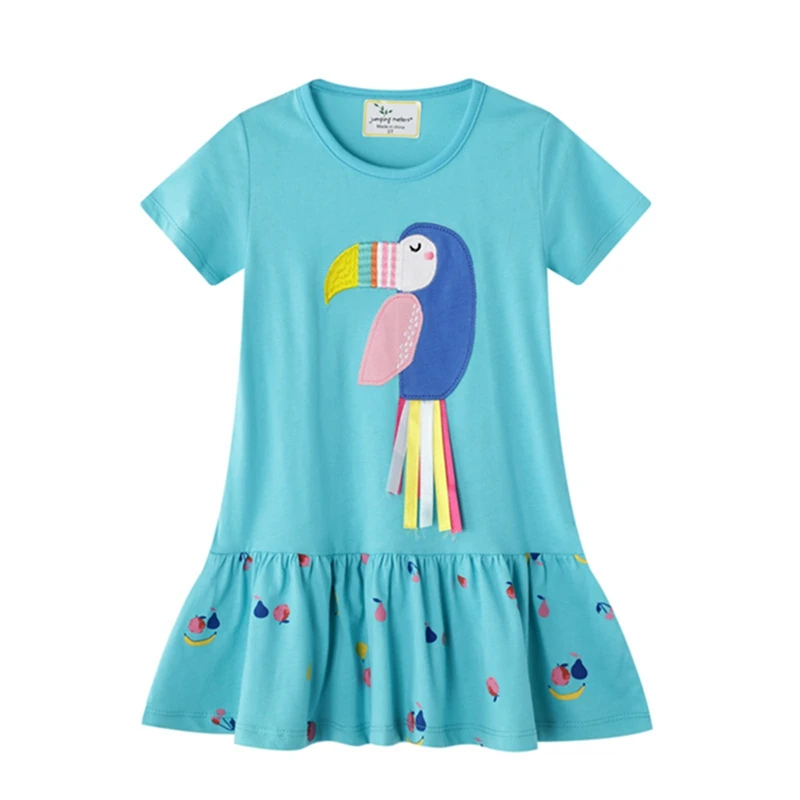 2-6 Years Baby Girl's Dress In Sky Blue Printed Birds Casual Cotton Kids Summer Jersey Clothes Outfit for Toddler | Детская одежда