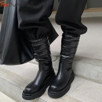 winter women mid calf booties luxury casual waterproof down patchwork cow leather snow boots 2022 comfort flats shoes