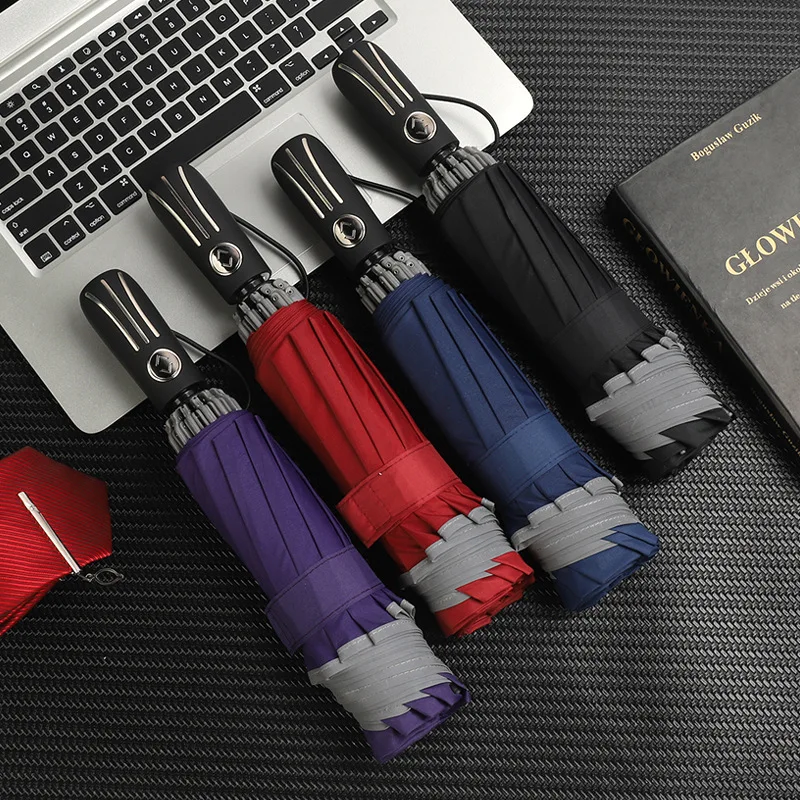 Ветрозащитный складной автоматический зонт с отражающими полосками большие