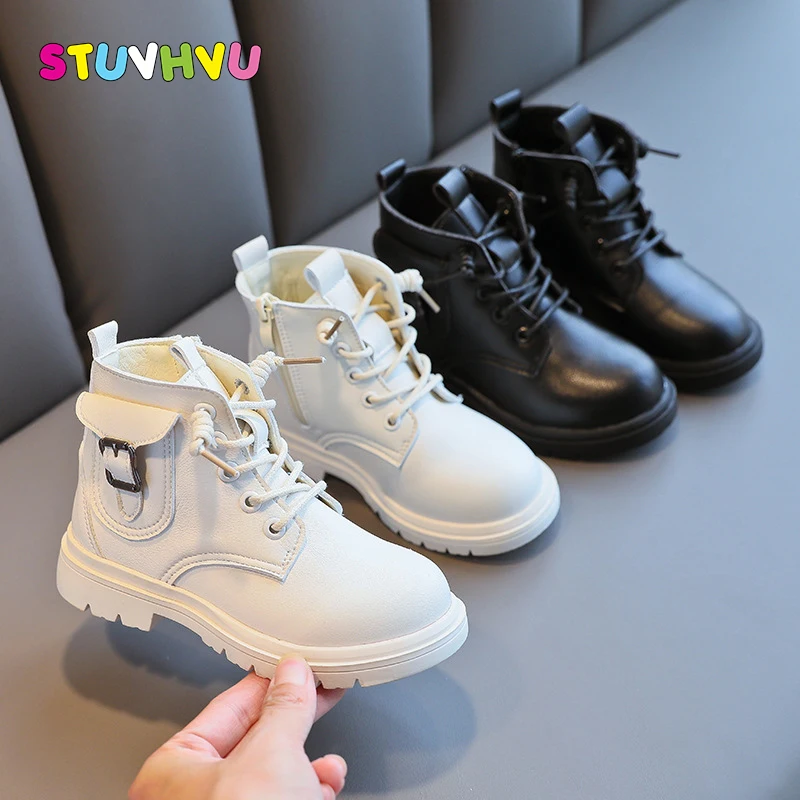 

Autumn Children Martin Boots Girls Shoes Fashion Leather Kids Ankle Boots Lace Up Zipper Girls Booties Non-slip Black White