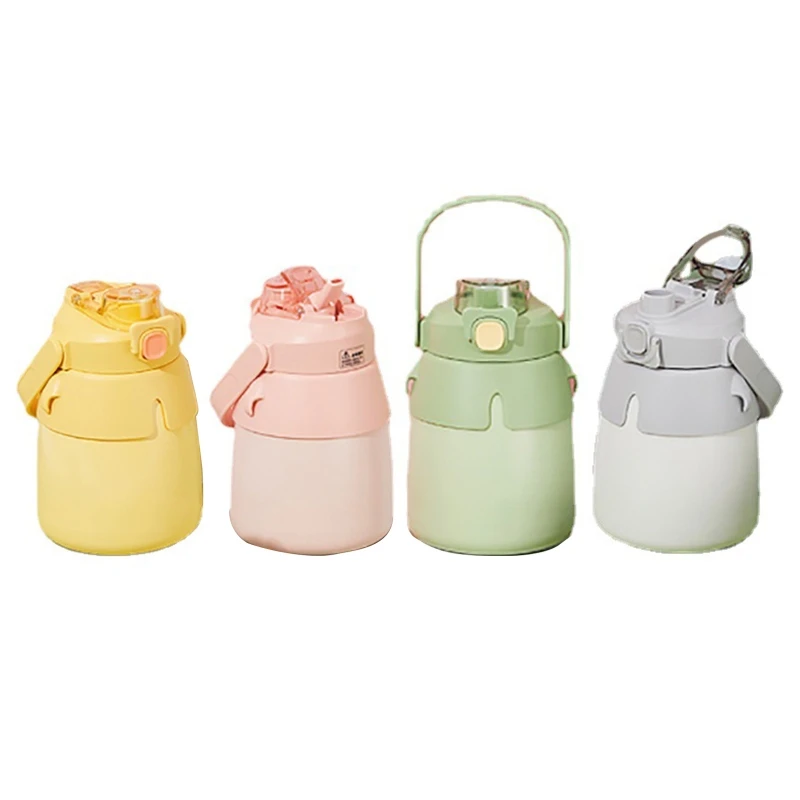 

94PF Cartoon Water Bottle with Shoulder Belt Stainless Steel Straw Drinking Cup
