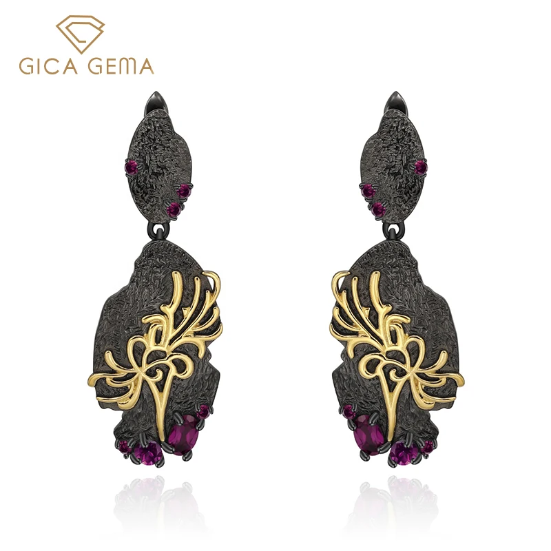 

GICA GEMA Natural Rhodolite Garnet 925 Silver 18k Gold Two Tone Handmade Equinox Flower Drop Earrings For Women Fine Jewelry