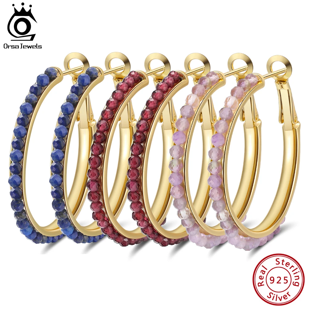

ORSA JEWELS Handmade Solid 925 Sterling Silver Natural Red Garnet Hoop Earrings for Women 14K Gold Plated Party Jewelry GME19