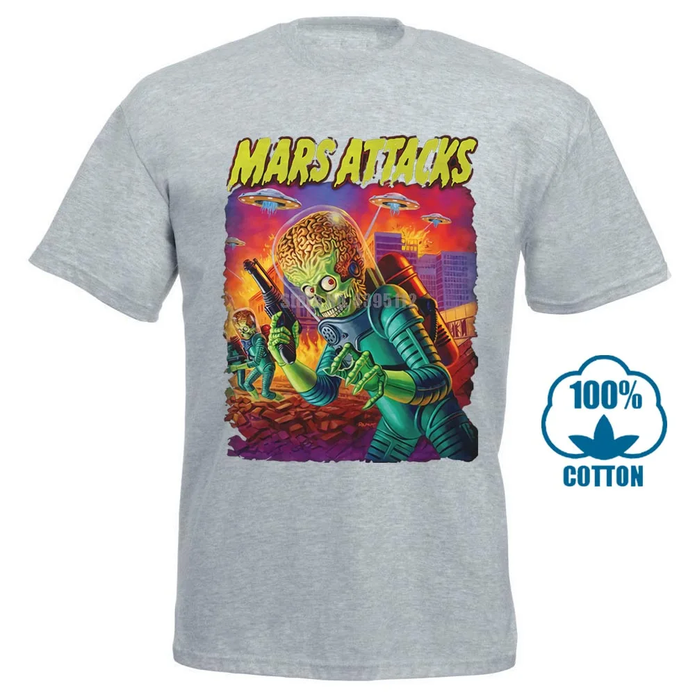 Серый Mars Attacks Movie Мужская футболка атакующий инопланетянин с блюдцем заполненное небо - Цвет: Серый
