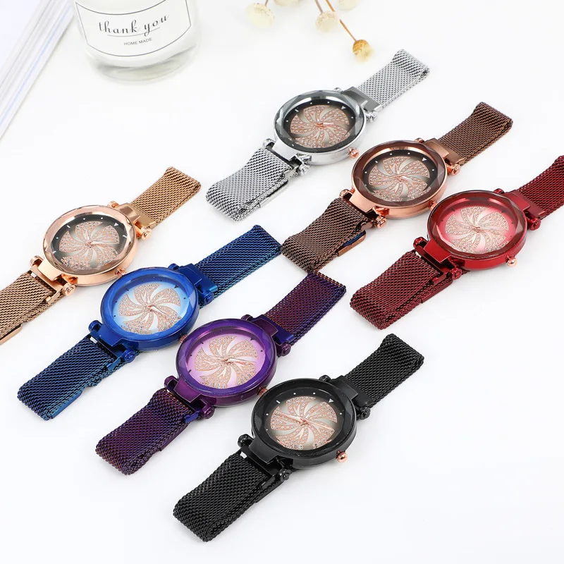 

100pcs / lot leisure fashion magnet buckle women's mesh watch with the current operation plate, water drill face magnet Watch