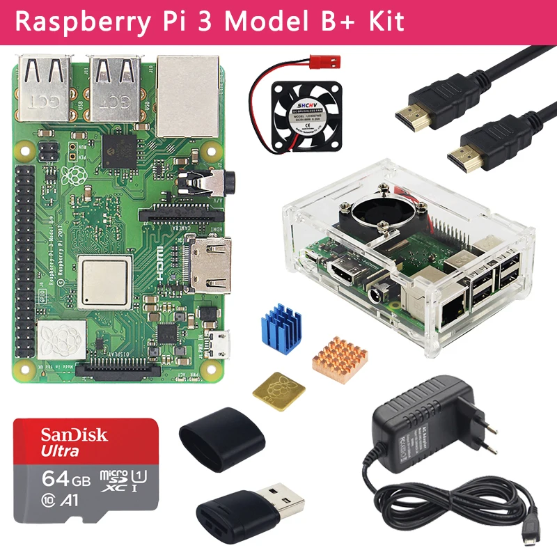 Raspberry Pi 3 modèle B Original + Kit + boîtier acrylique + adaptateur d'alimentation + carte SD 32/64 go + dissipateur thermique pour Raspberry Pi 3 B +