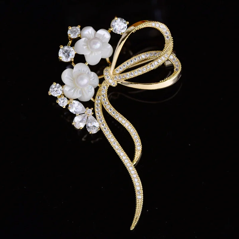 

Elegant Shell Flower Brooch Creative Temperament AAA Cubic Zirconia Bowknot Brooches Women Clothing Accessories Corsage Jewelery